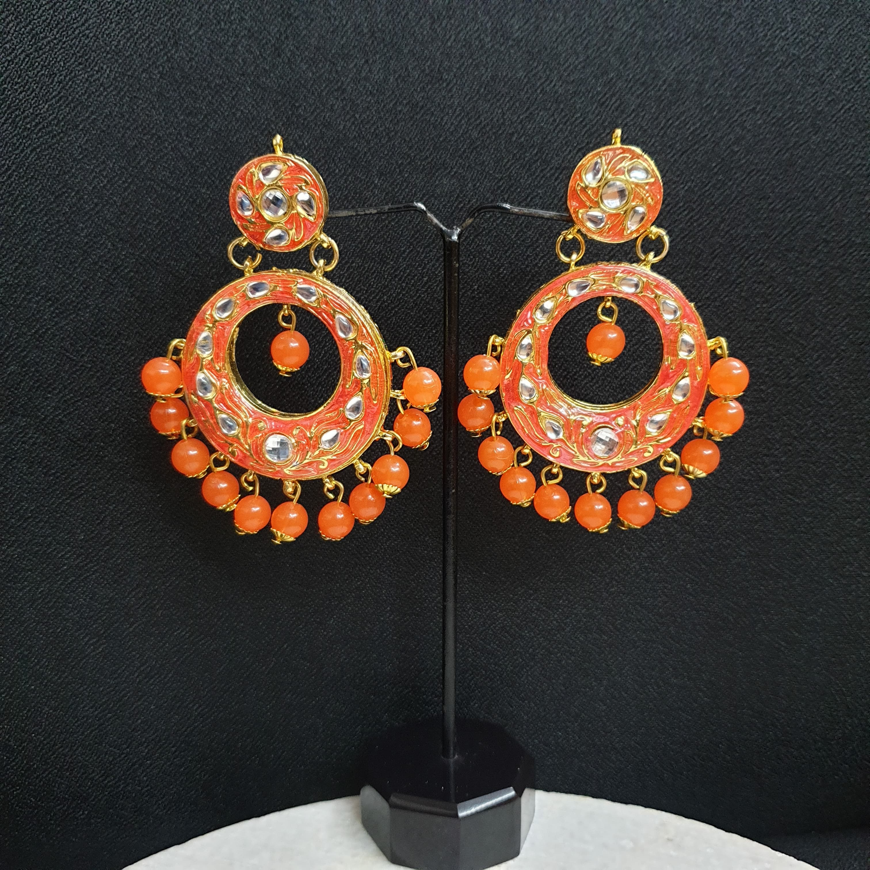 Orange Meenakari Chandbali Earrings