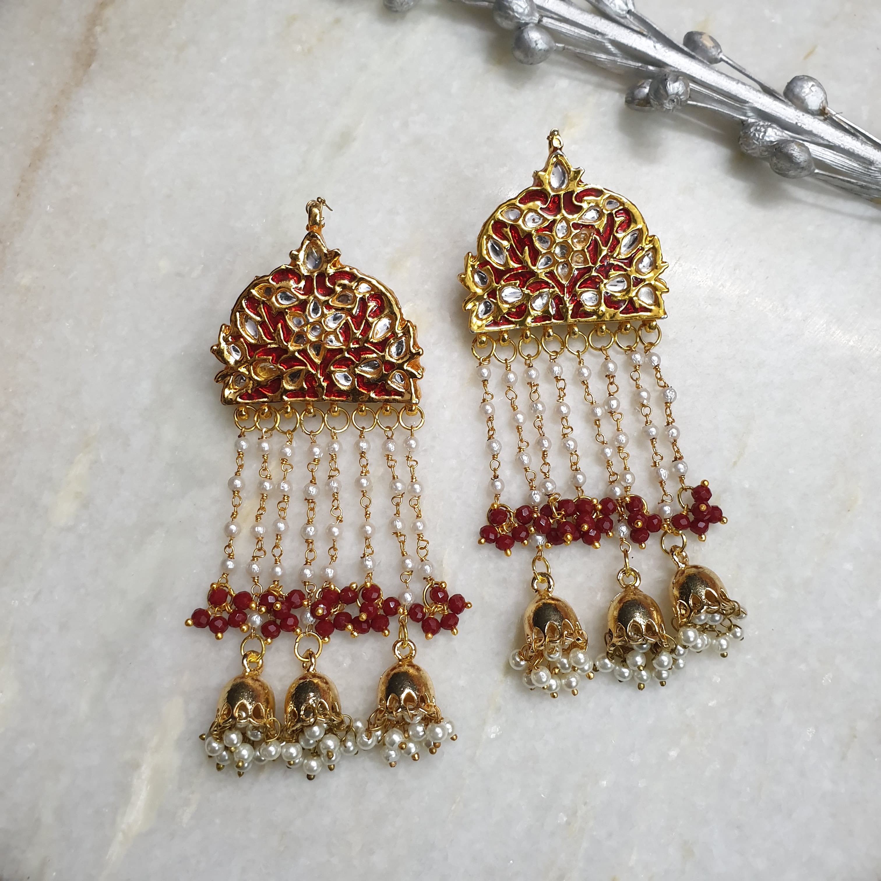 Gold Tone Red Meenakari Long Earrings