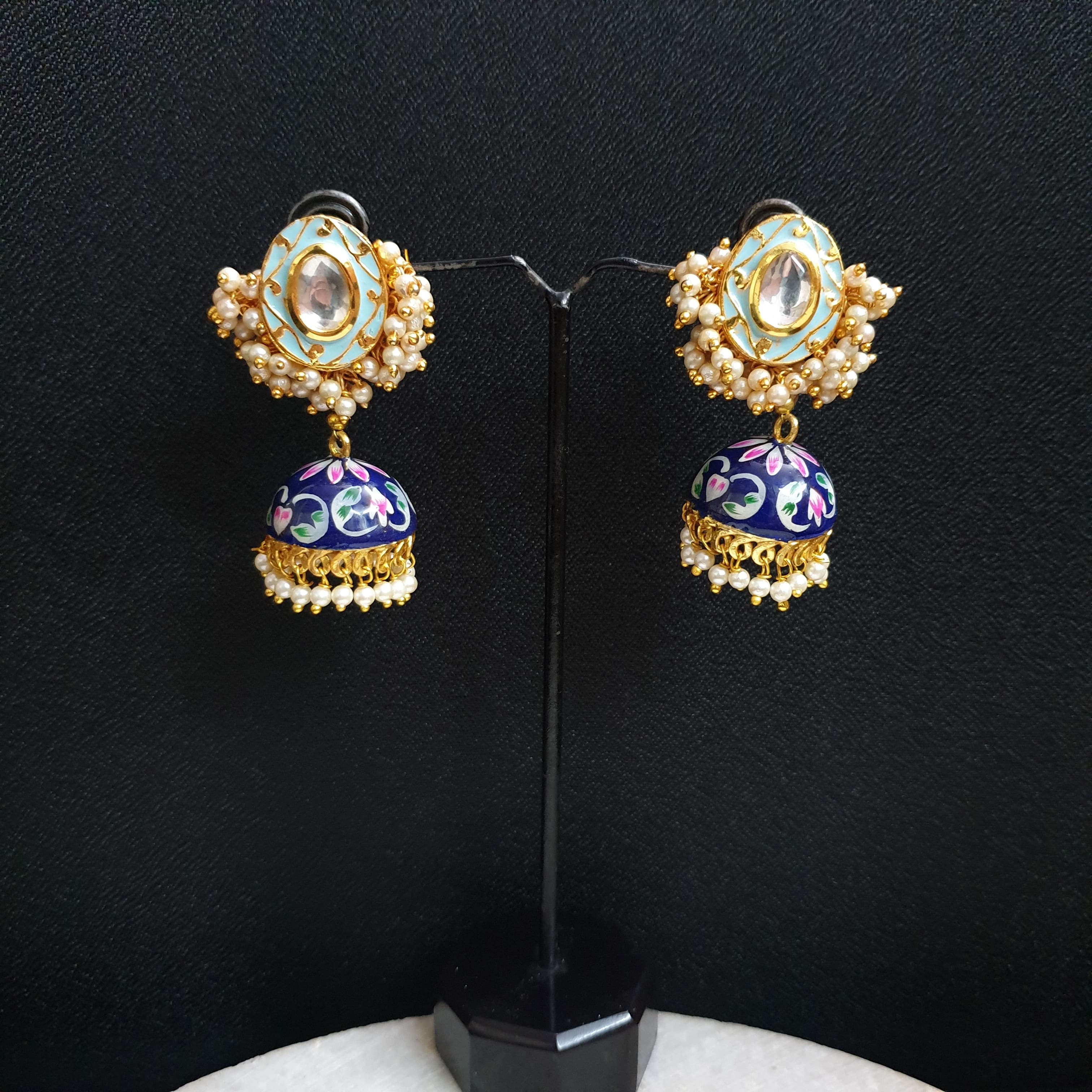 Blue Handpainted Jhumki Kundan Earrings