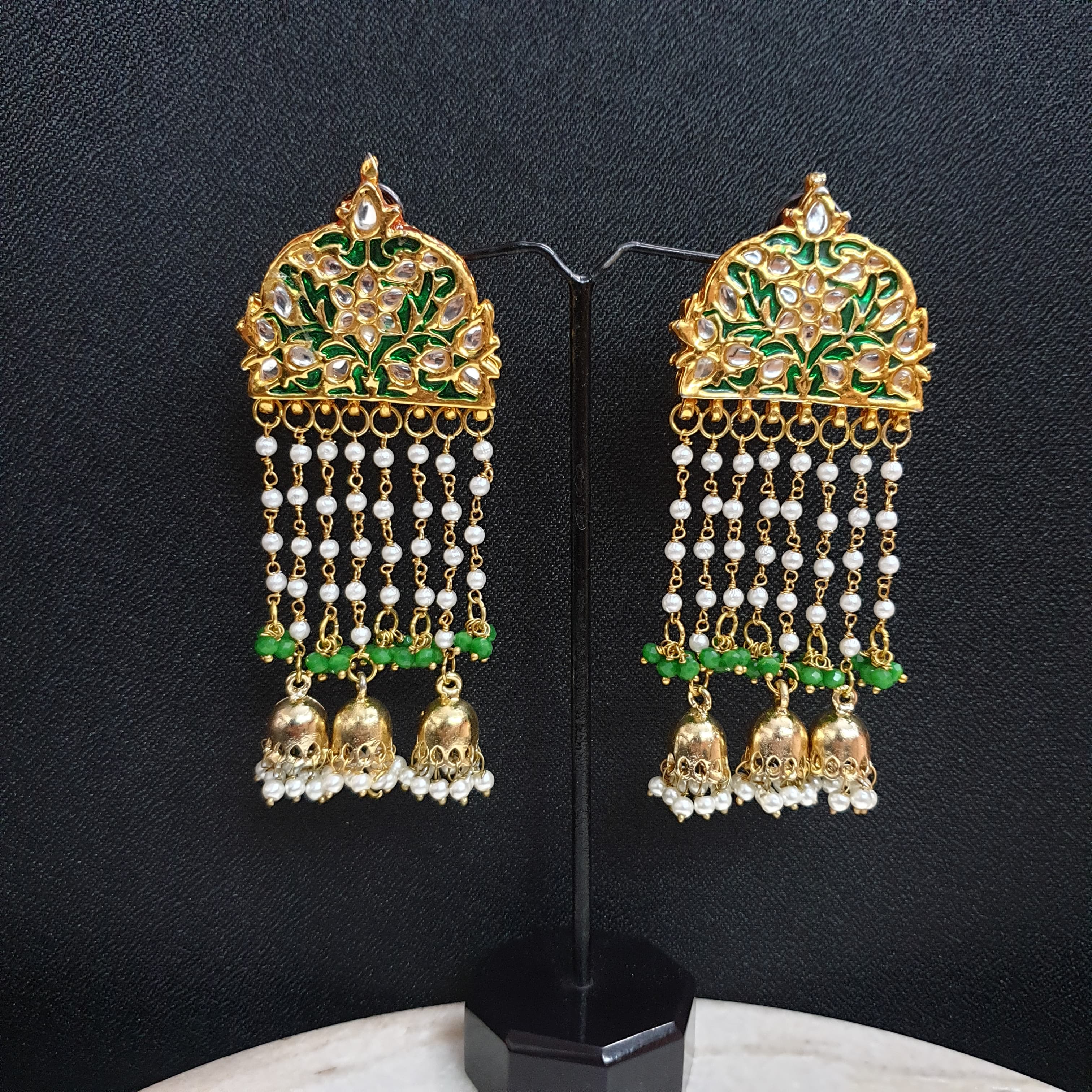 Green Meenakari Long Pearl Jhumki Earrings