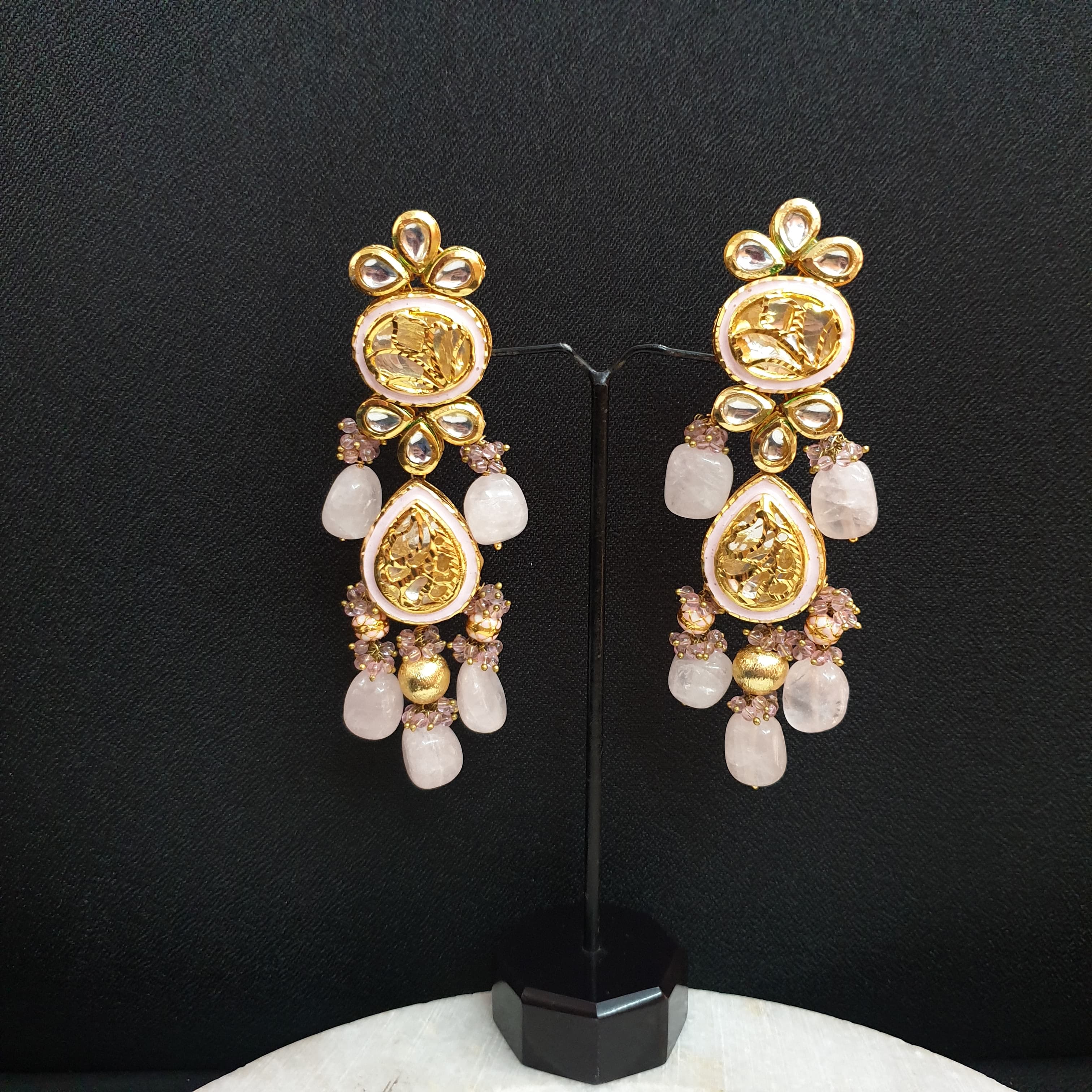 Pink Kundan Meenakari Long Earrings