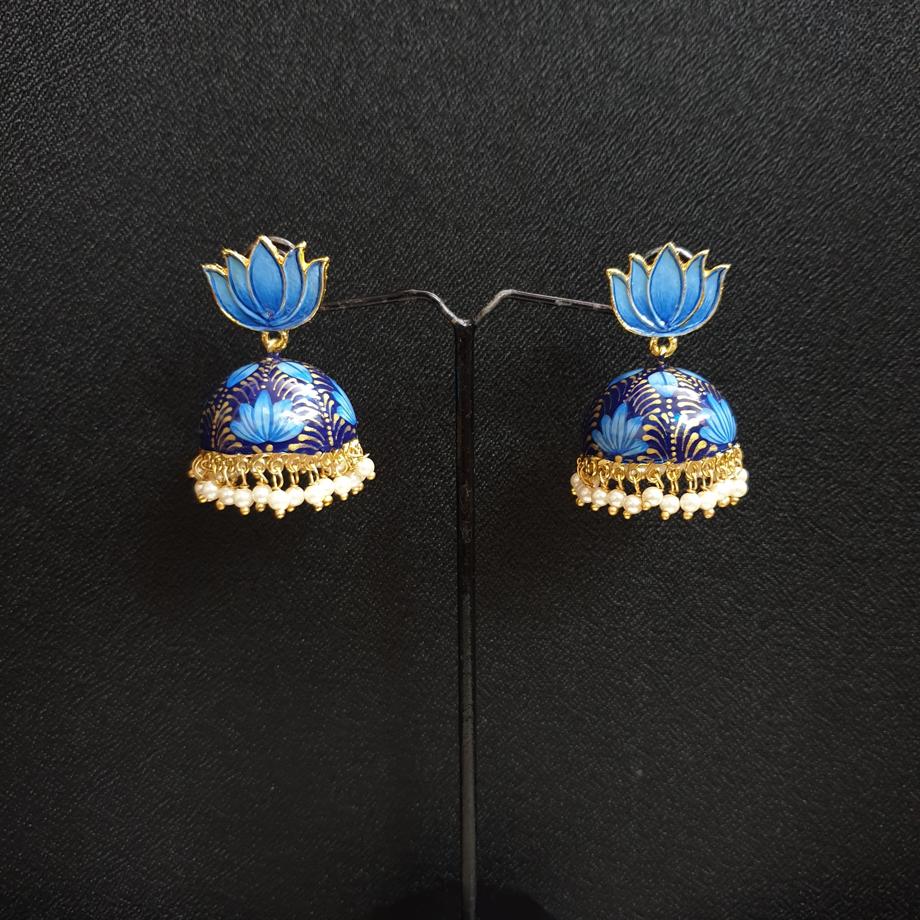 Blue Lotus Handpainted Jhumki Earrings