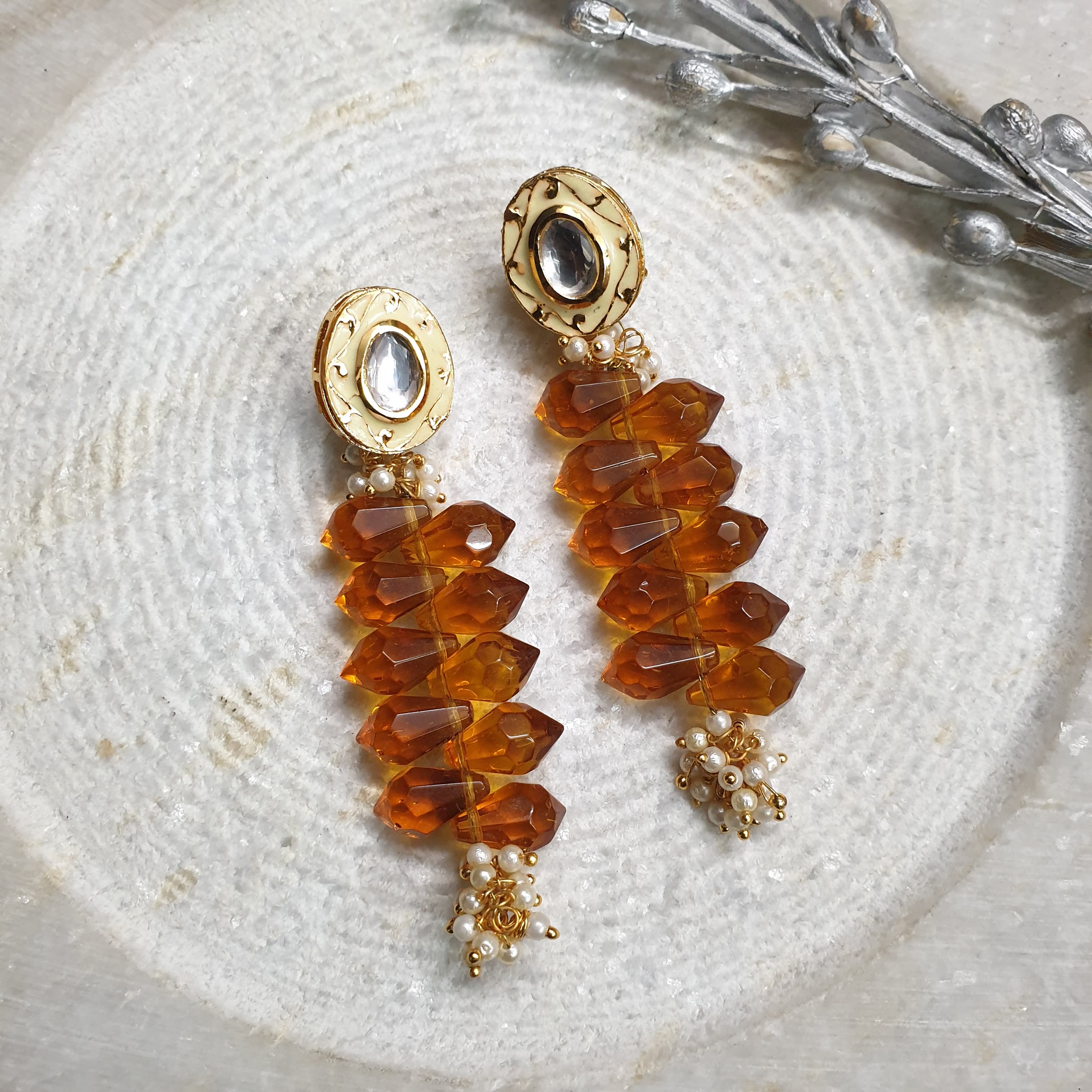 Kundan Peach Orange Long Earrings