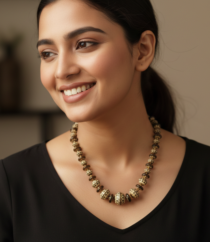 Golden Beige Beaded Meenakari Necklace