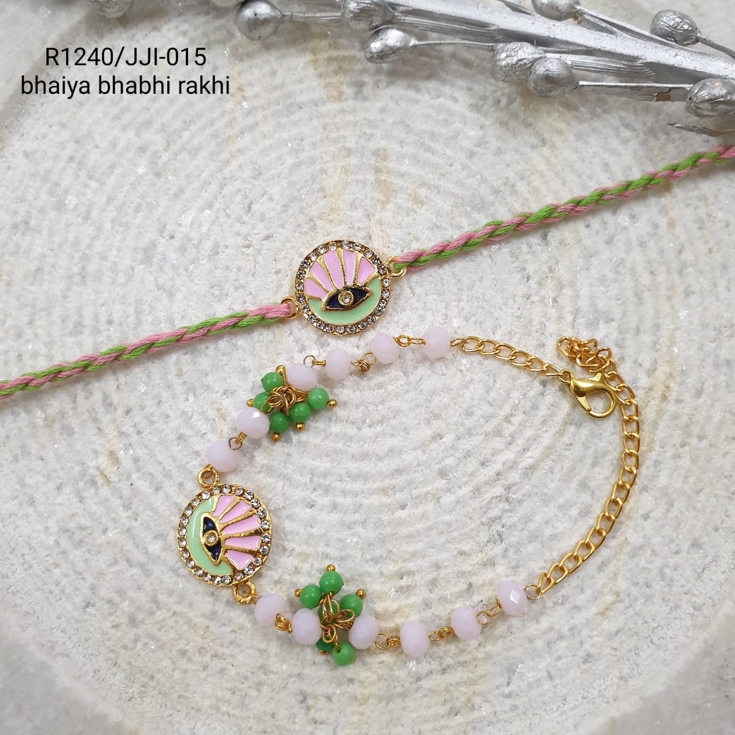 Pink Green Meenakari Rakhi For Brother And Bhabhi