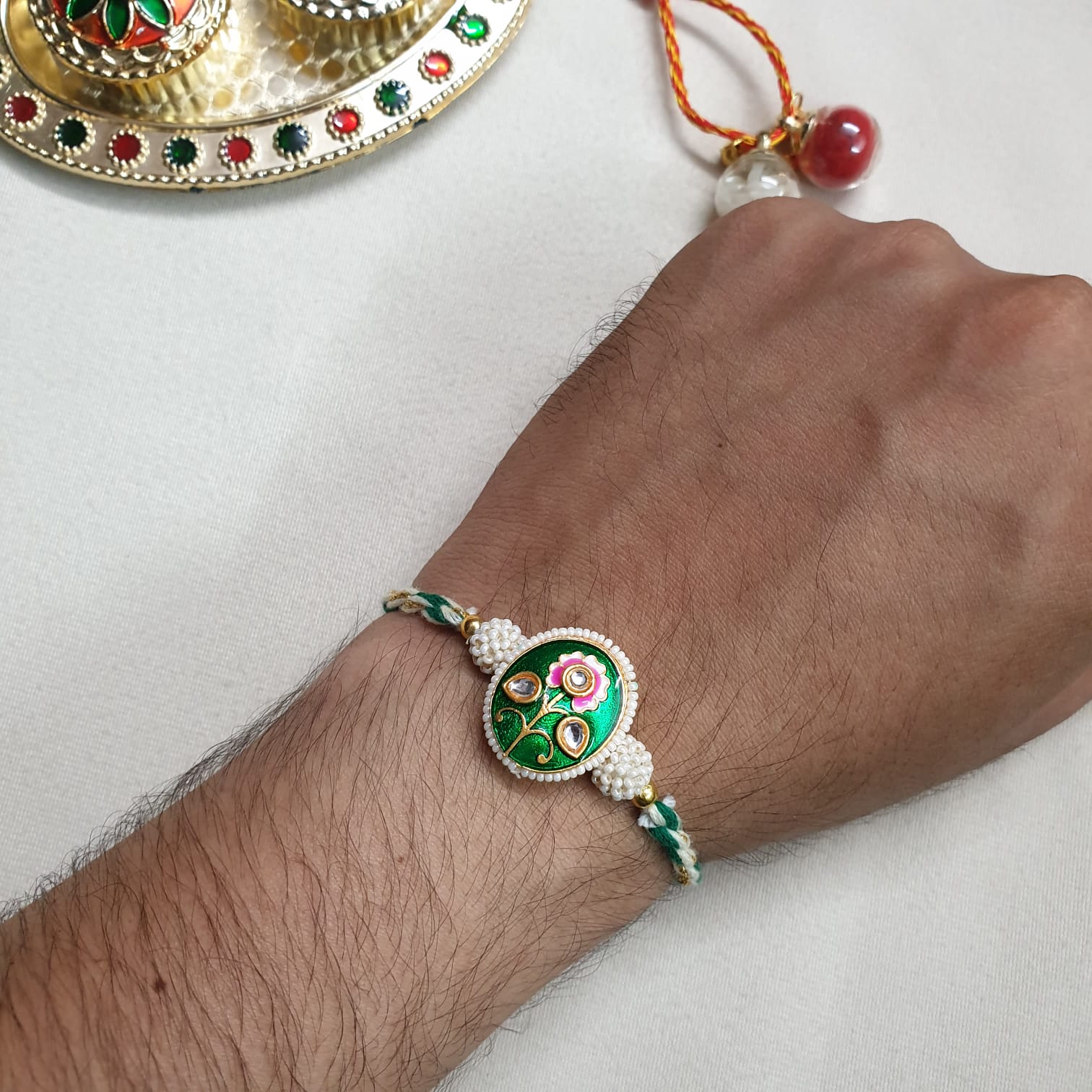 Green Meenakari Floral Seed Bead Rakhi