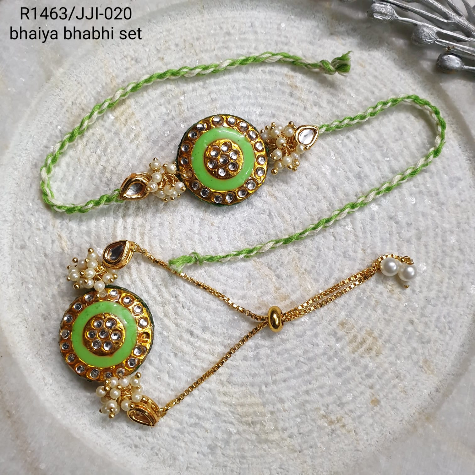 Green Kundan Meenakari Rakhi For Bhaiya Bhabhi