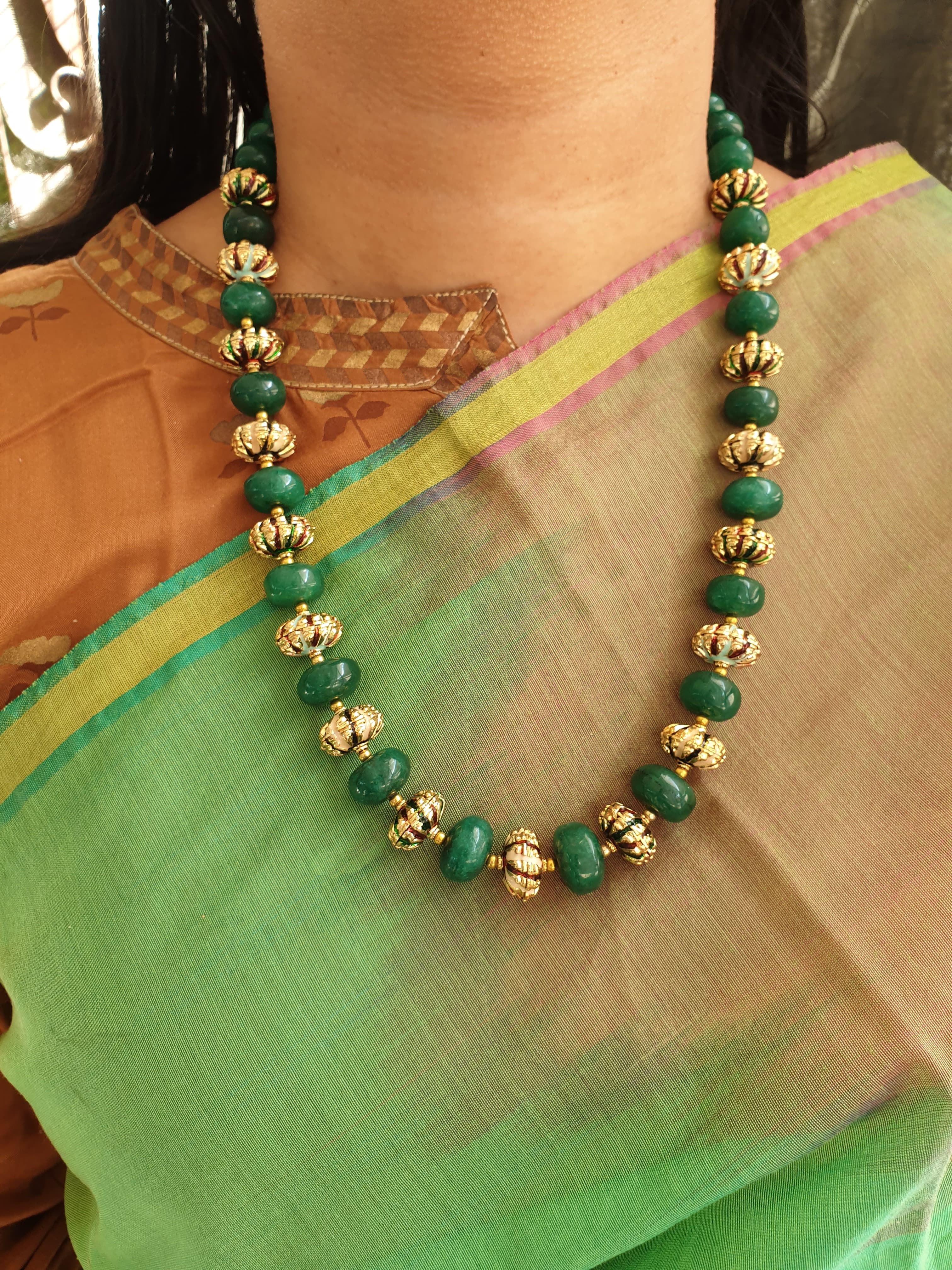 Green Onyx Meenakari Bead Necklace With Earrings