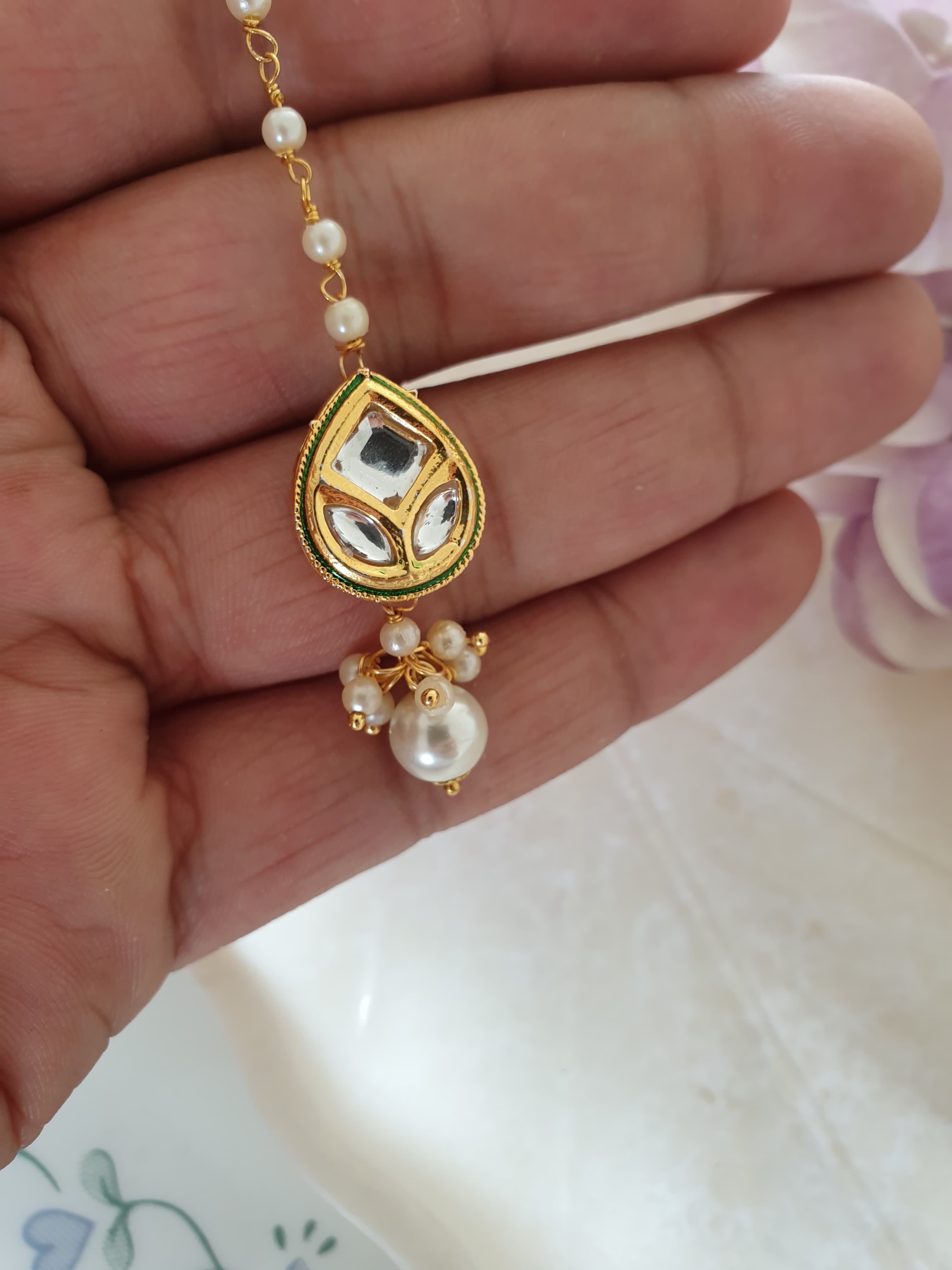 Adorable Tear-Drop Kundan and Pearl Stone Maang Tikka