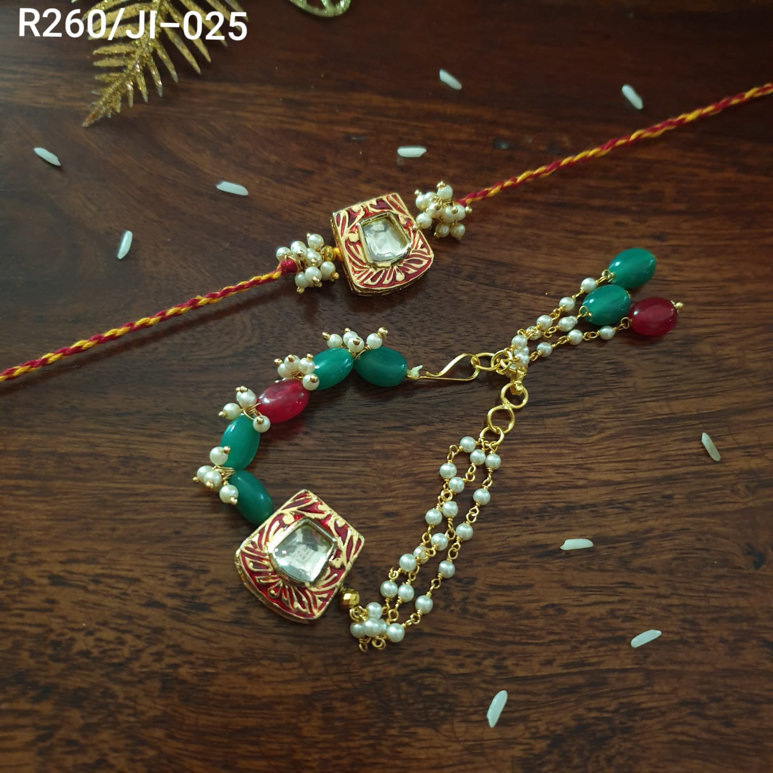 Red Green Kundan Meenakari Couple Rakhi