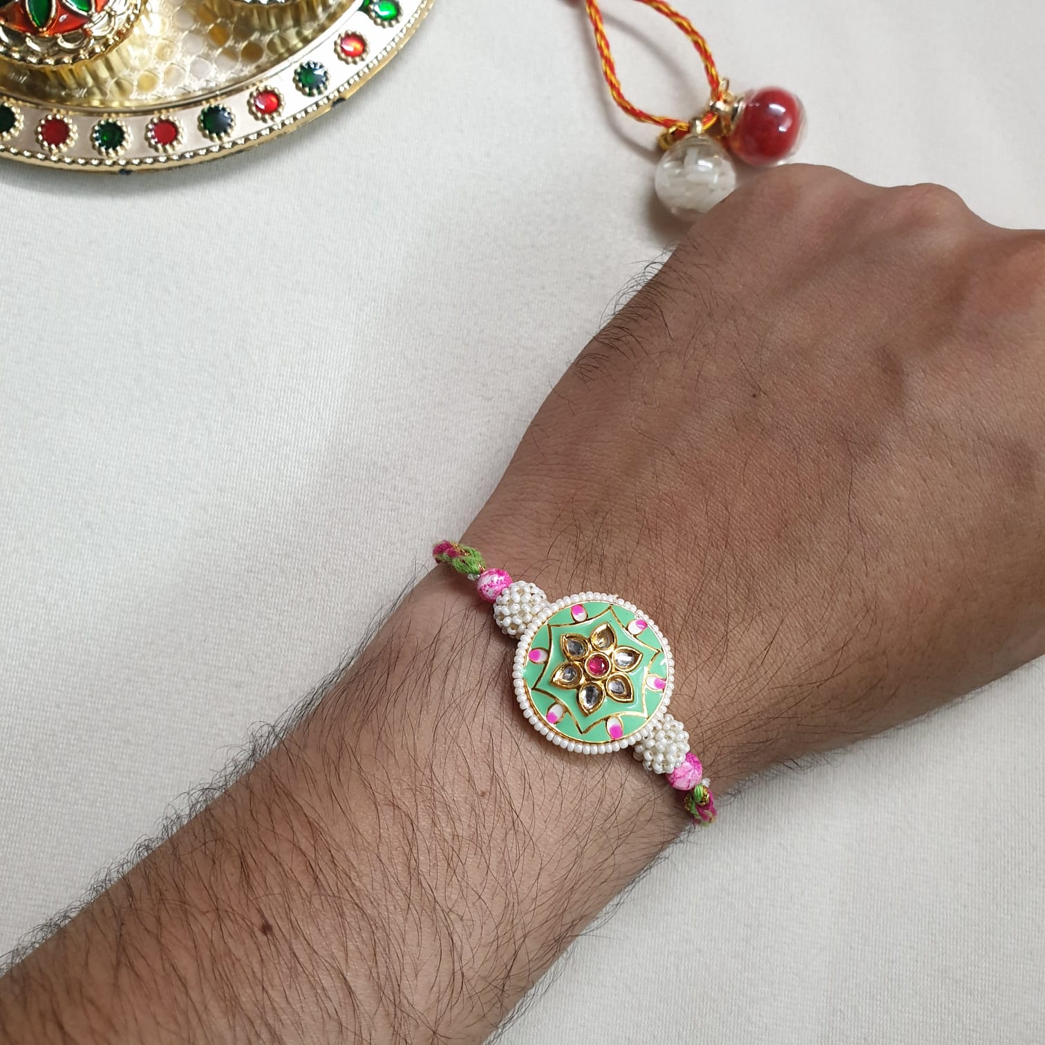 Kundan Pista Green Thread Rakhi
