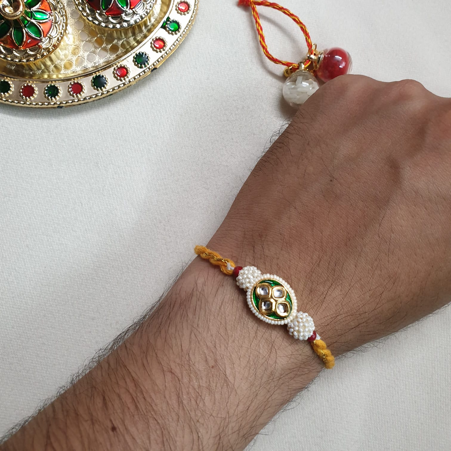 Kundan Yellow Thread Rakhi For Brother