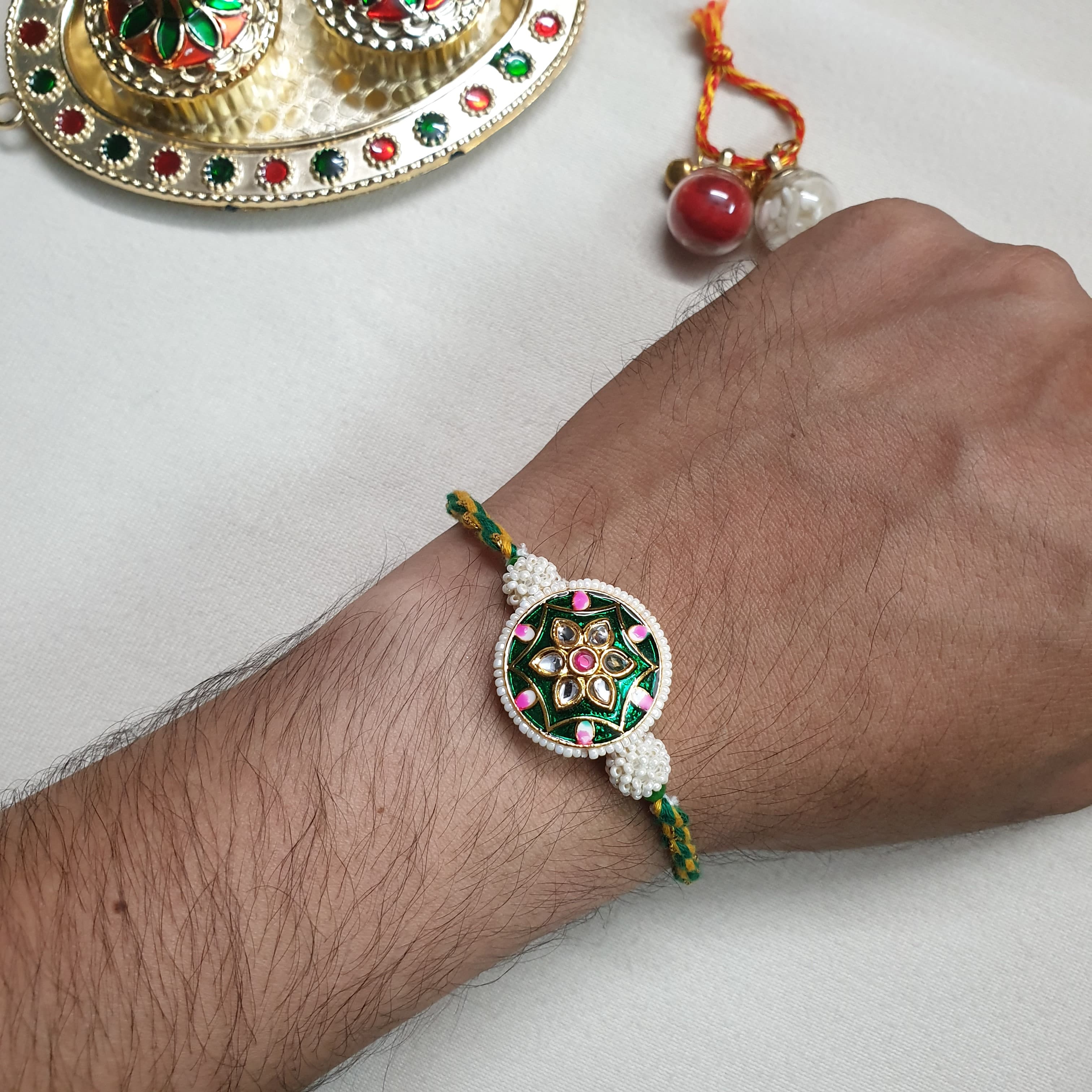 Green Kundan Meenakari Premium Rakhi