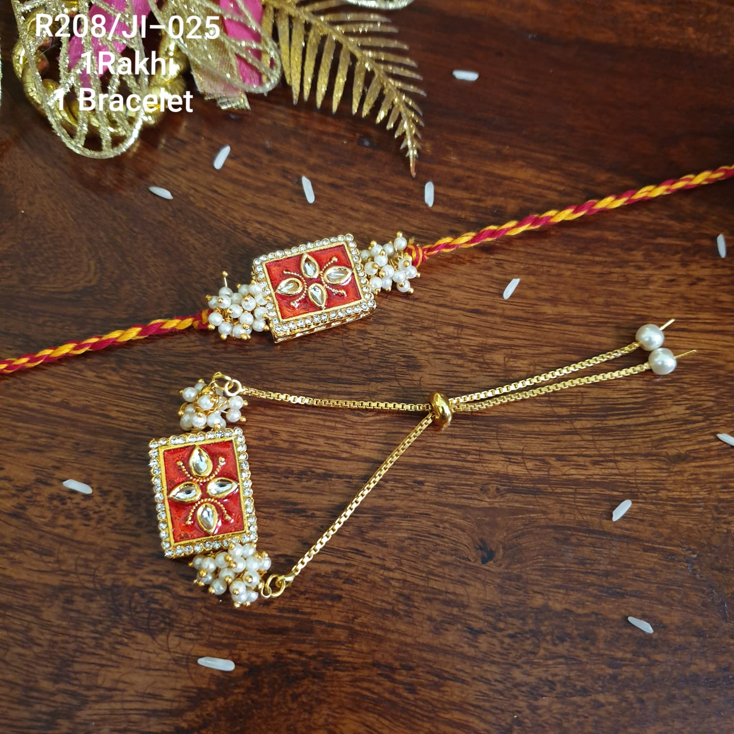 Red Kundan Meenakari Bhaiya Bhabhi Couple Rakhi Set
