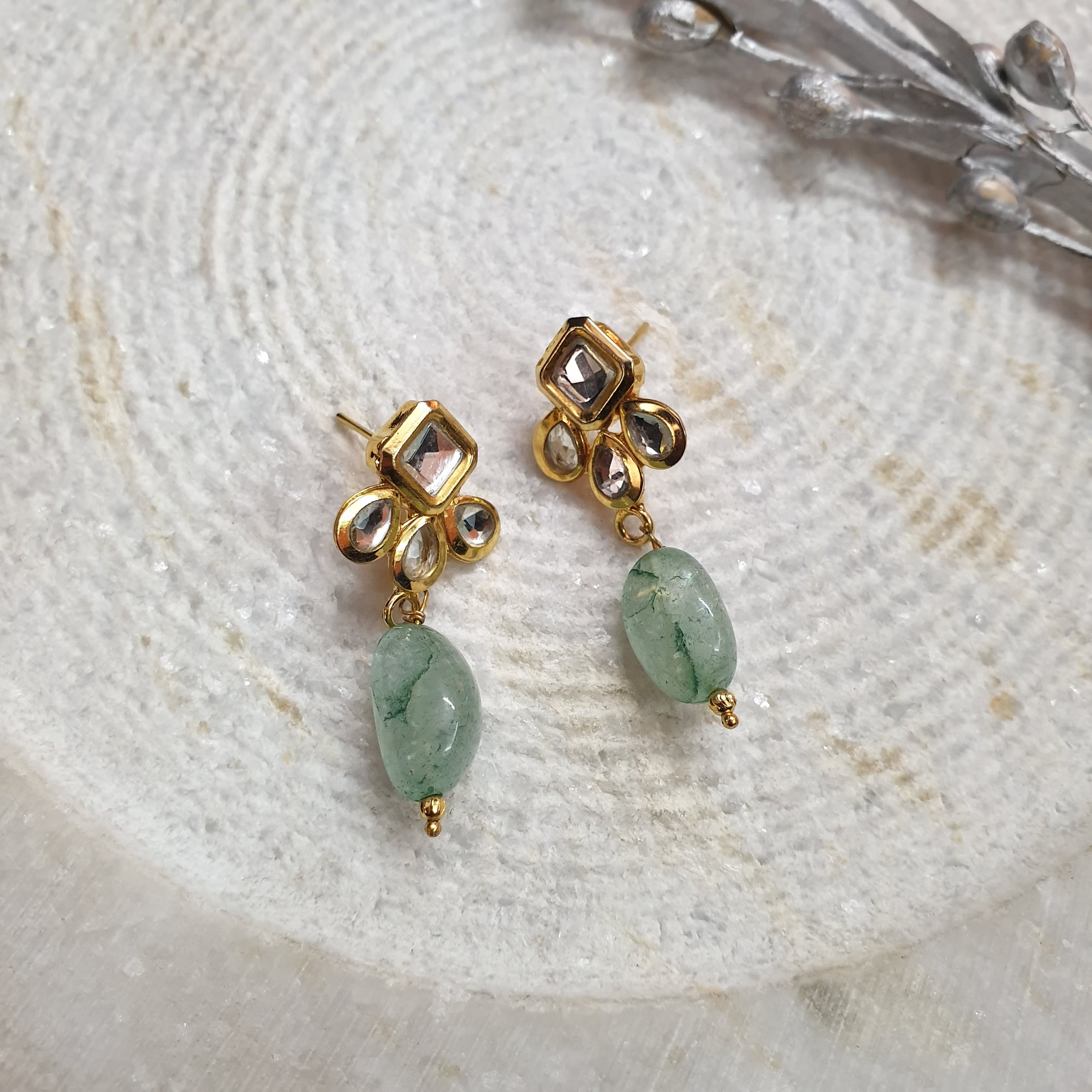 22k Gold Plated Mint Kundan Drop Earrings