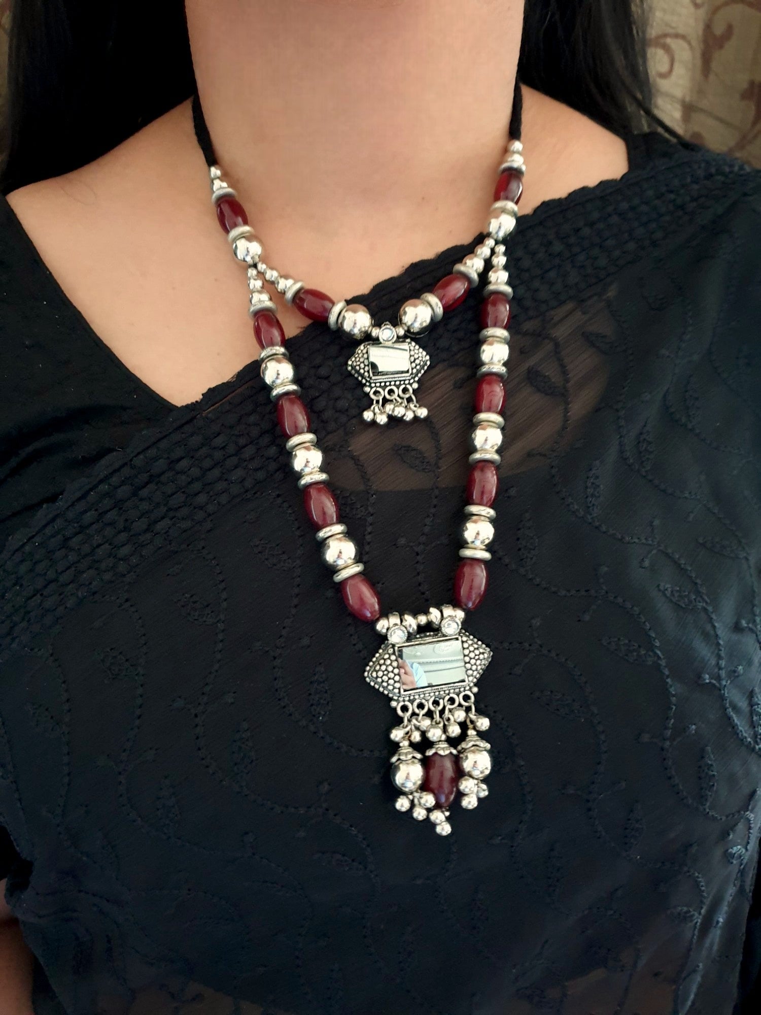 Oxidised Silver Brown Bead Mirror Necklace