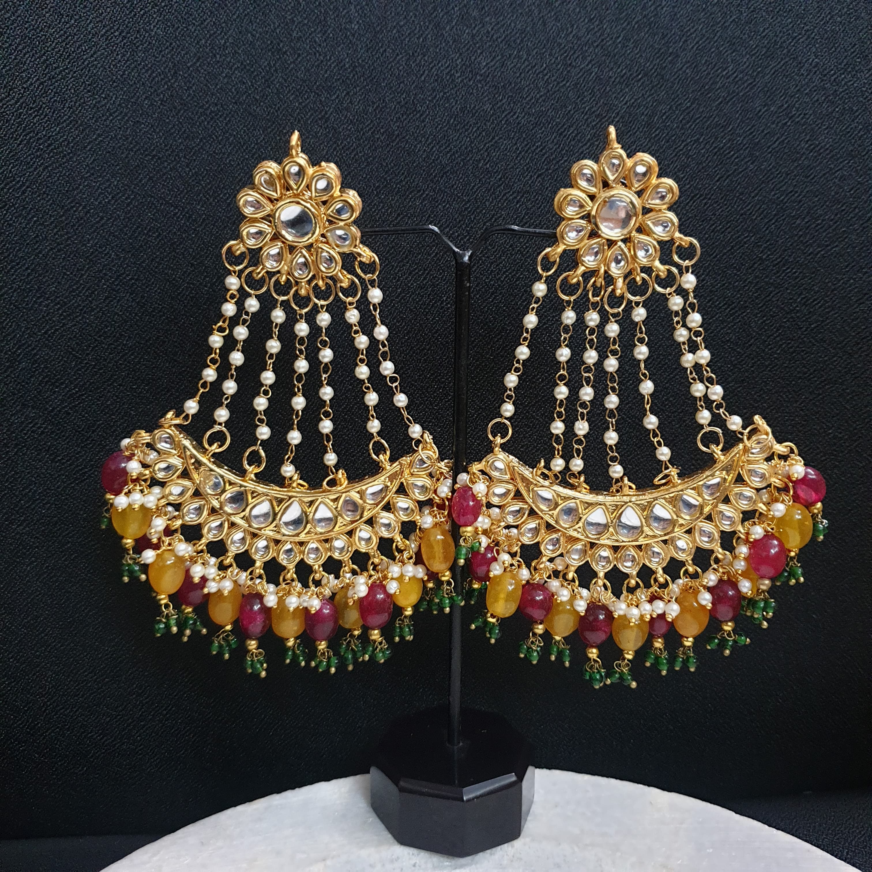 Red Yellow Kundan Long Chandbali Earrings