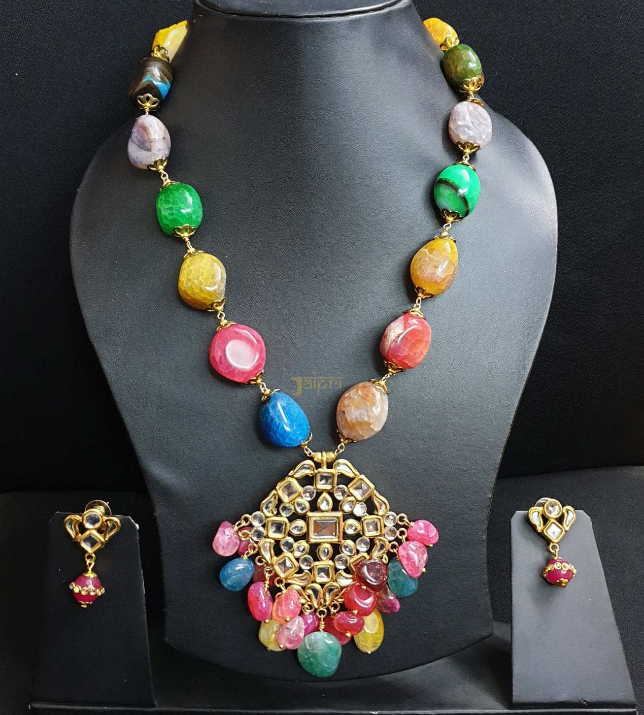 Multicolor Beads Stone Kundan Pendant With Earrings