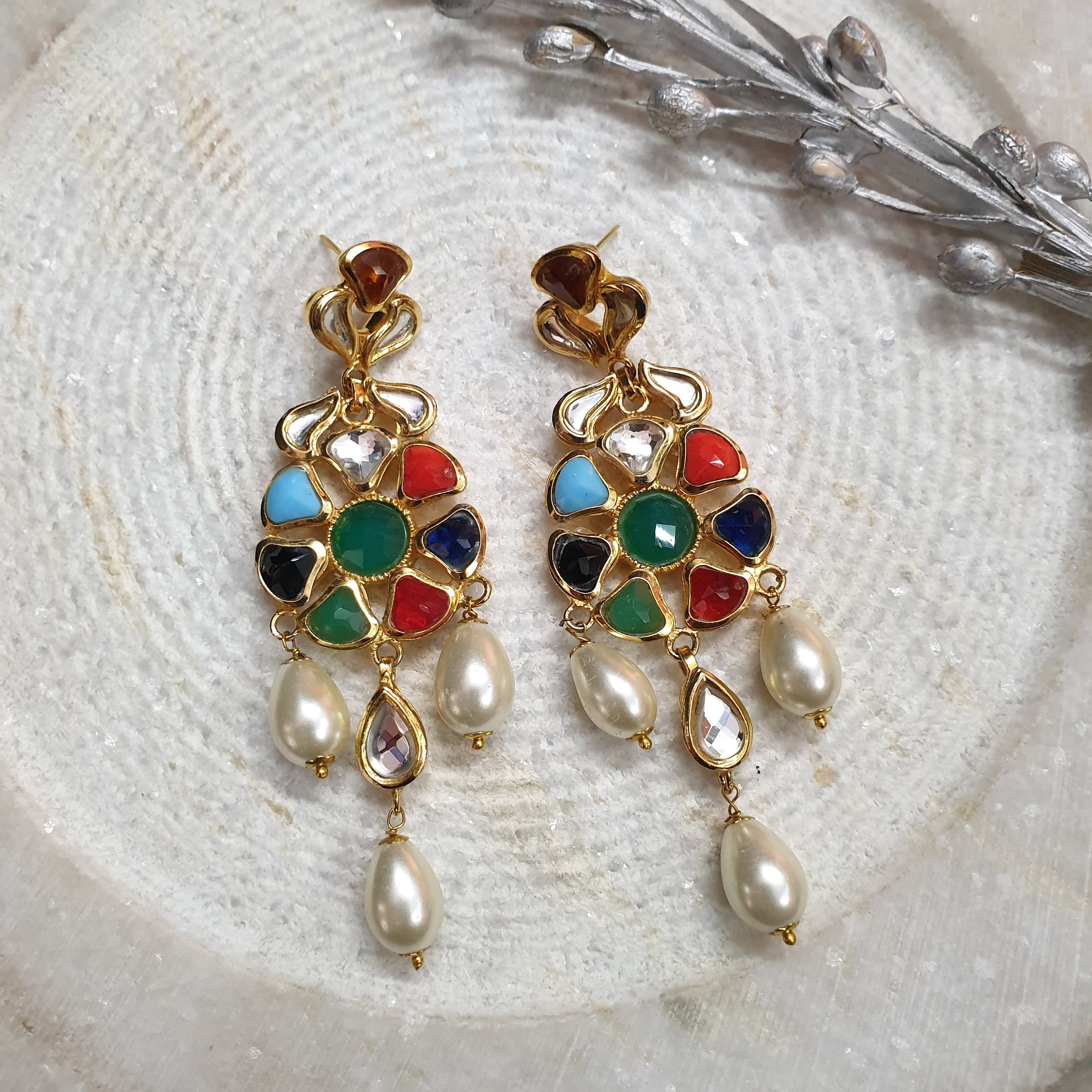 22k Gold Plated Navratan Long Earrings