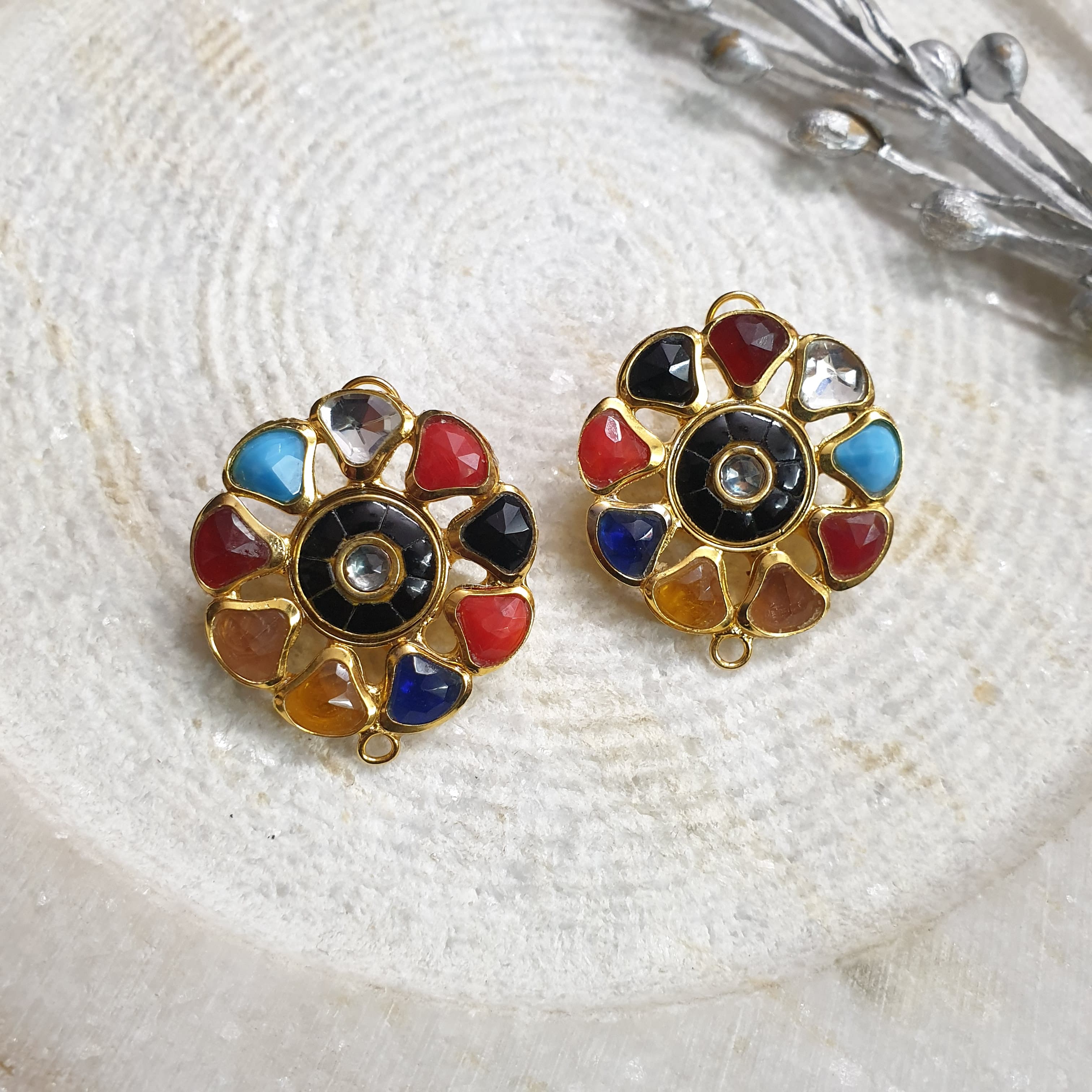 22k Gold Plated Round Navratan Earrings