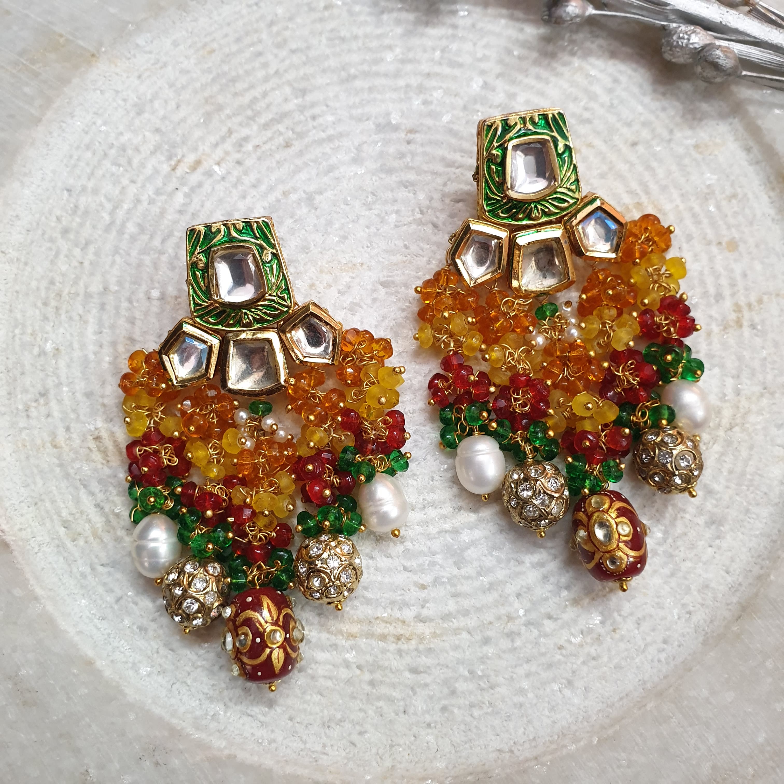 Green Meenakari Long Beaded Earrings