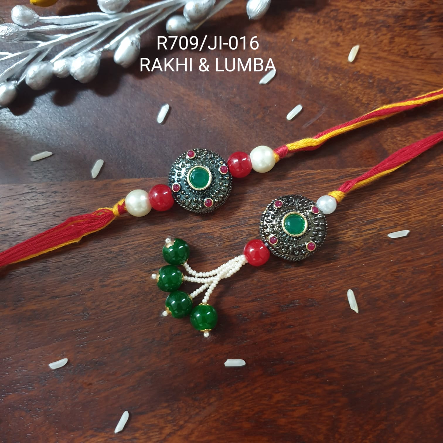 Antique Red Green Bhaiya Bhabhi Rakhi Lumba Set