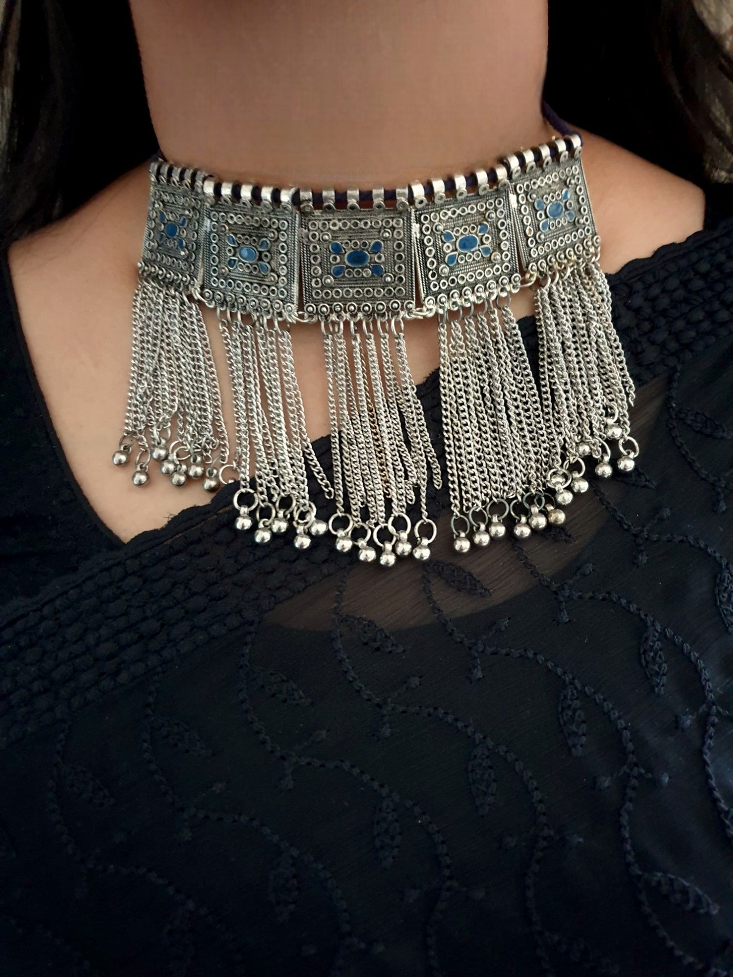 Oxidized Statement Thread Necklace With Earrings