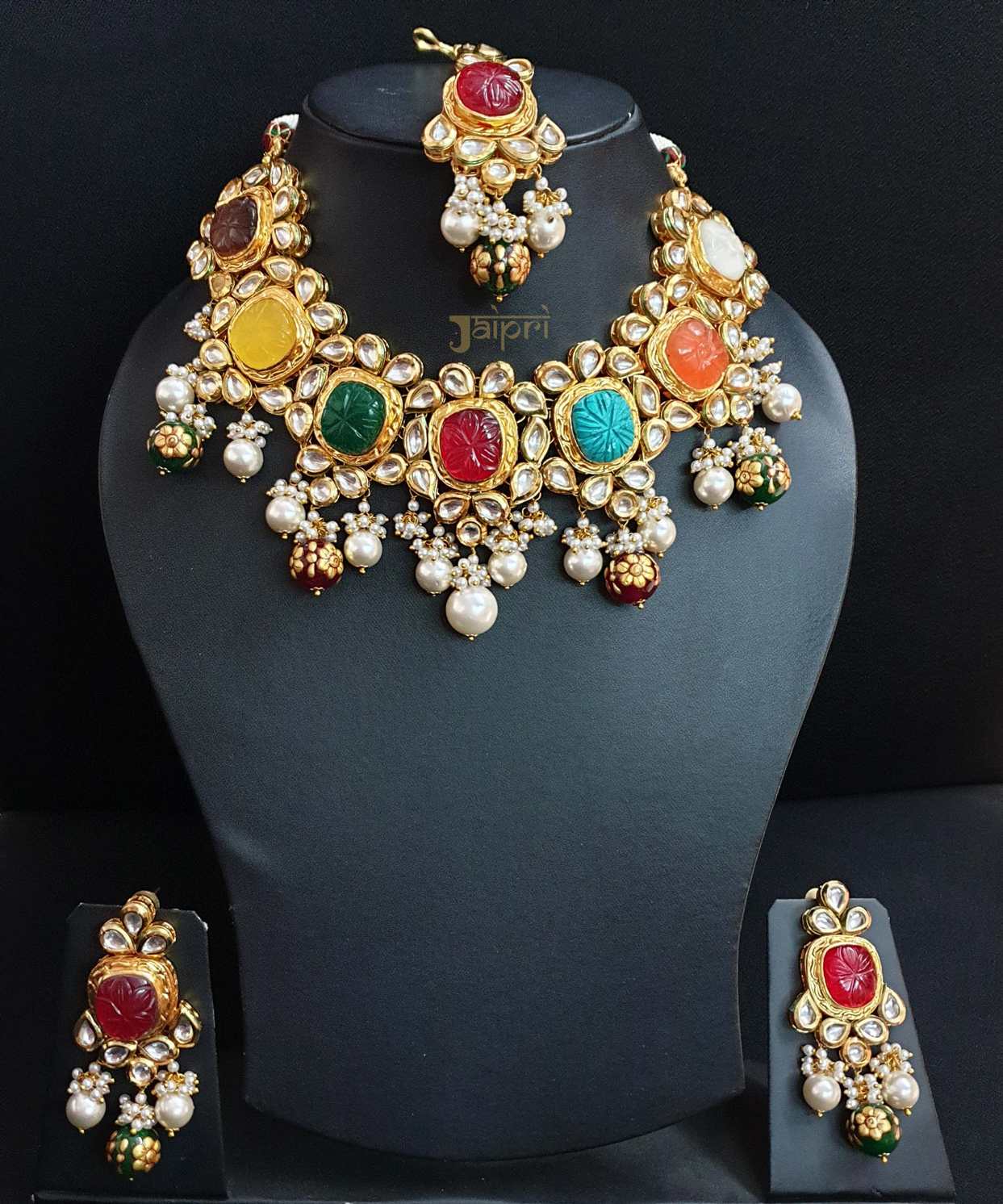 Navratan, Pearl Stone Kundan-Jadau Choker & Earrings With Maang Tikka