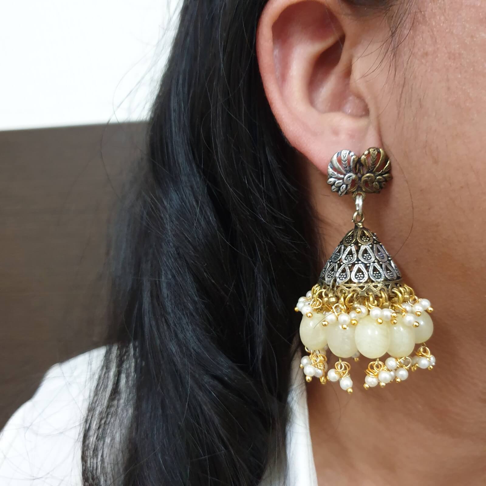 Oxidized Peacock Design & Yellow Stone Stud Jhumki