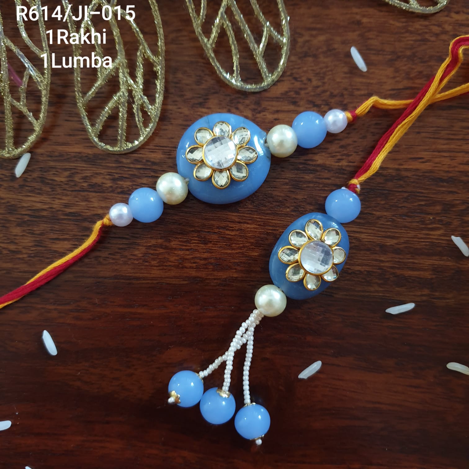 Ice Blue Pacchi Kundan Bhaiya Bhabhi Rakhi Set