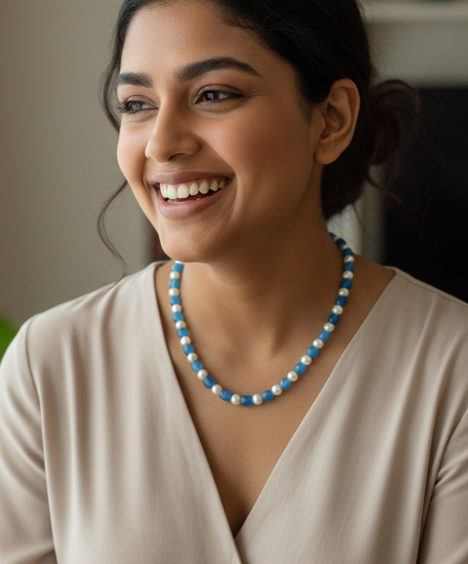 Blue Pearl Stone Long Mala