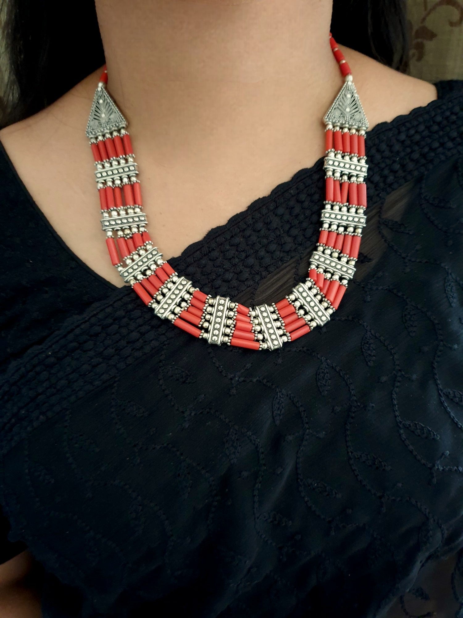 Coral Red Oxidised Necklace With Earrings and Bracelet