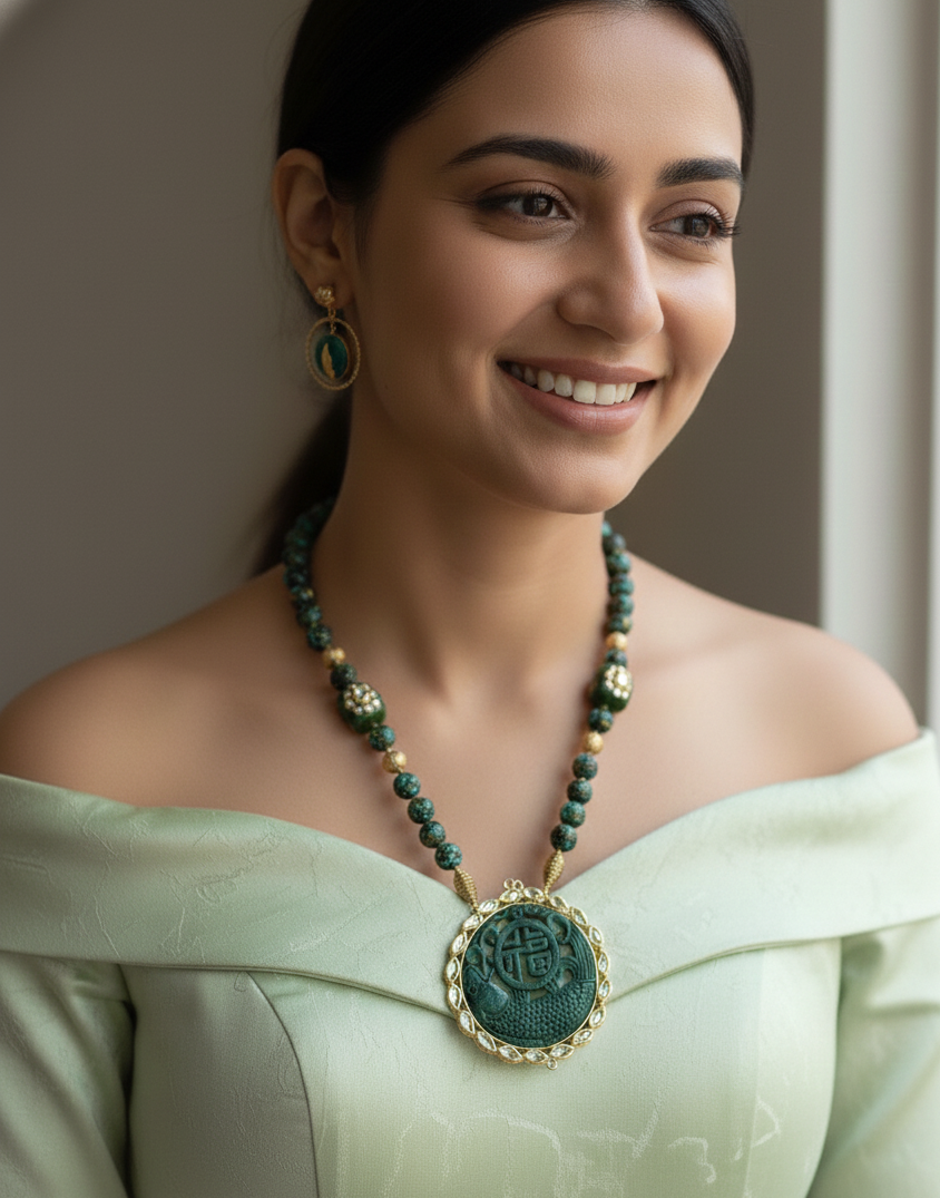 22k Gold Plated Kundan Set With Handpainted Beads and Earrings