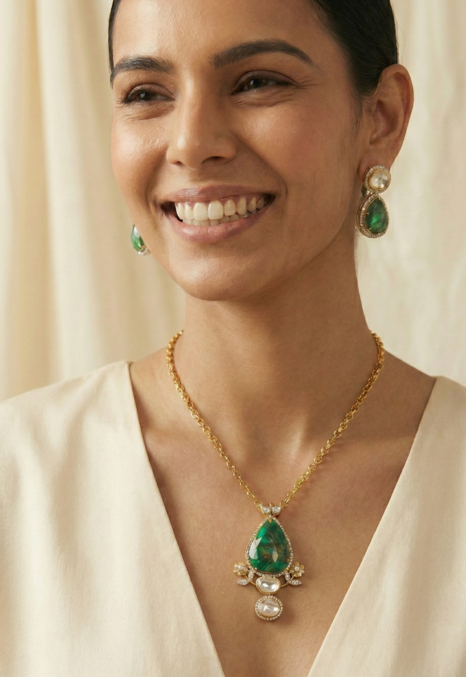 Green Doublet Stone Chain Necklace With Earrings