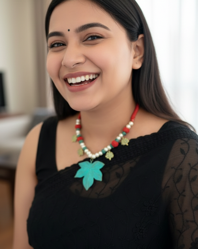 Turquoise Leaf Designer Thread Necklace