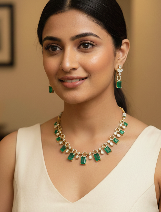 Emerald Polki American Diamond Necklace