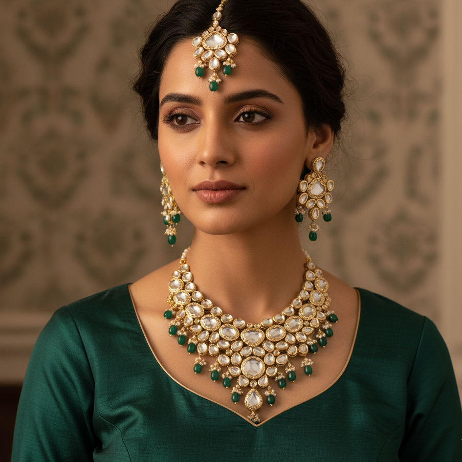 Kundan Polki Green Beaded Bridal Necklace, Earrings And Maangtikka