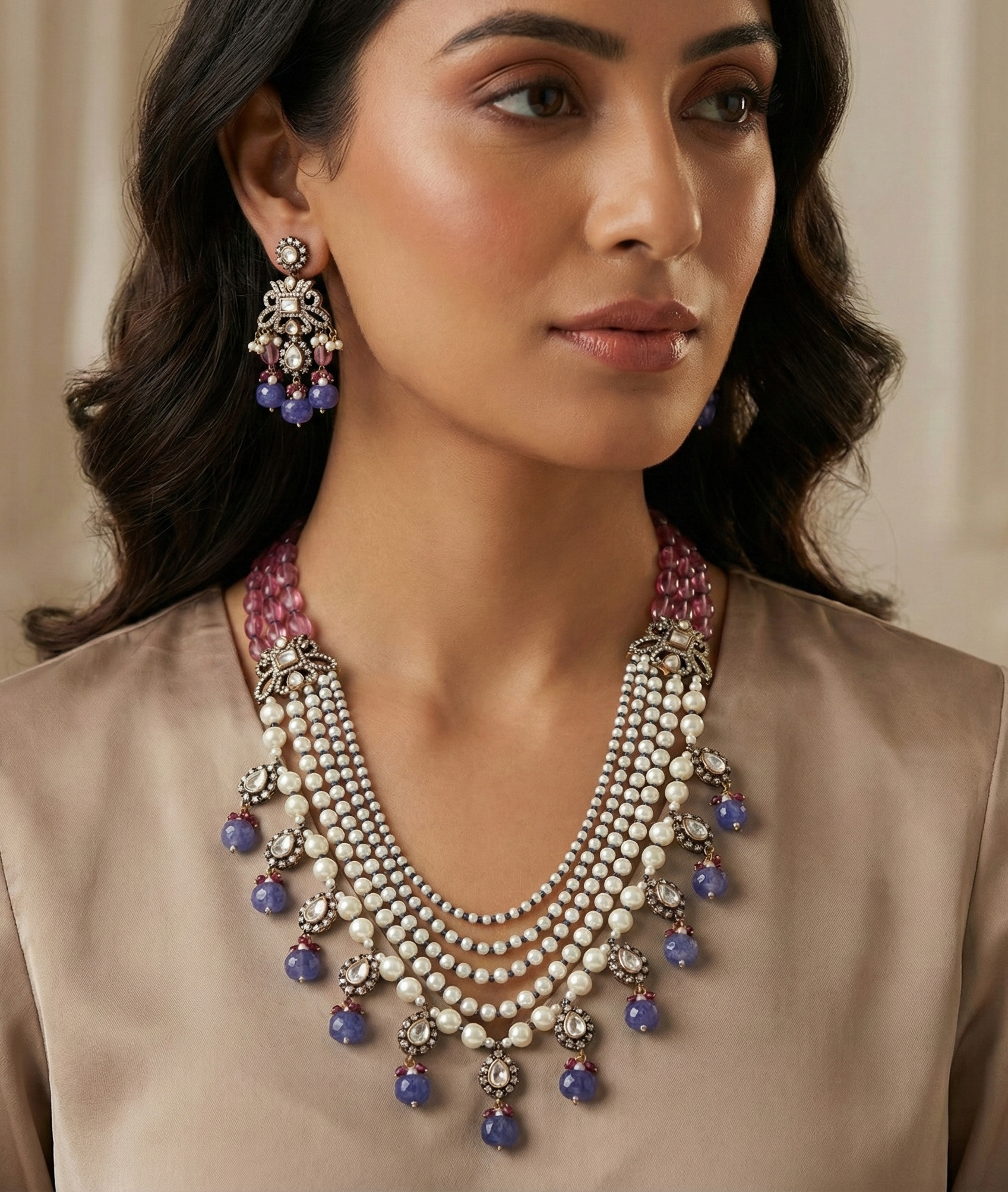 Pink Blue Beaded Kundan Polki Rani Haar Necklace