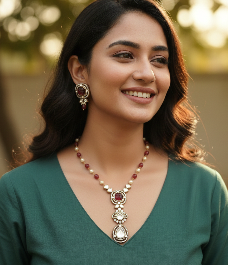 Red Stone Kundan Delicate Pendant Set With Earrings