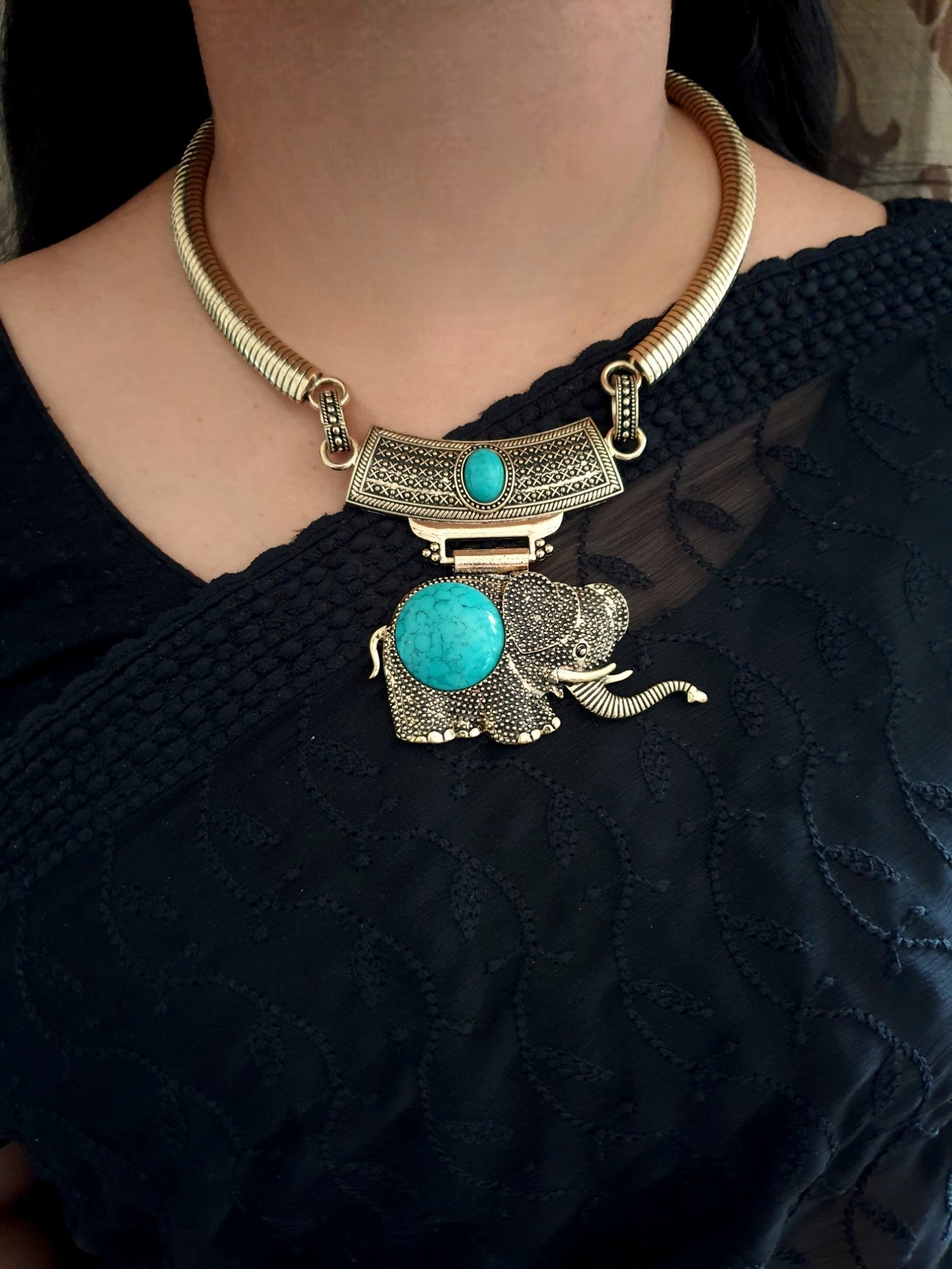 Turquoise Stone Oxidised Elephant Necklace