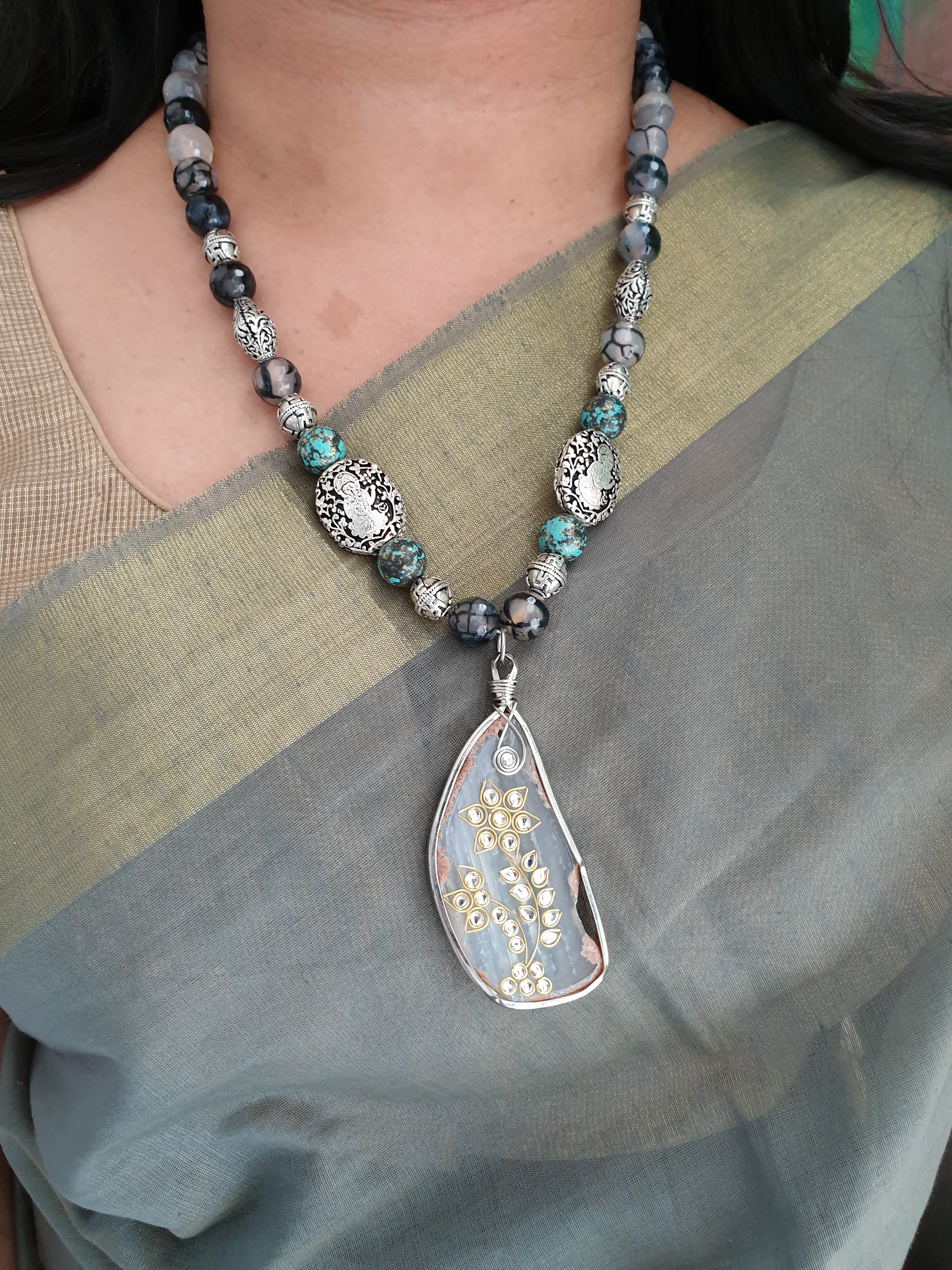 Unique Multicolor Beads Stone Uneven Fusion Pendant With Earrings