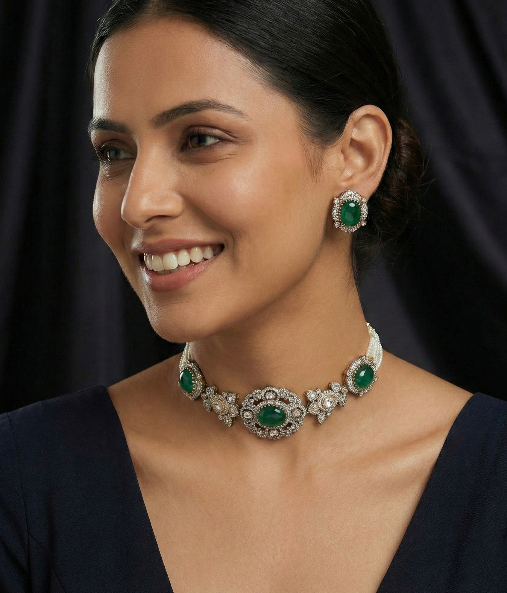 Emerald Polki Stone Kundan Choker Necklace With Studs