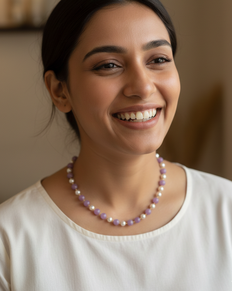 Purple Stone and Pearl Beaded Single Layered Mala