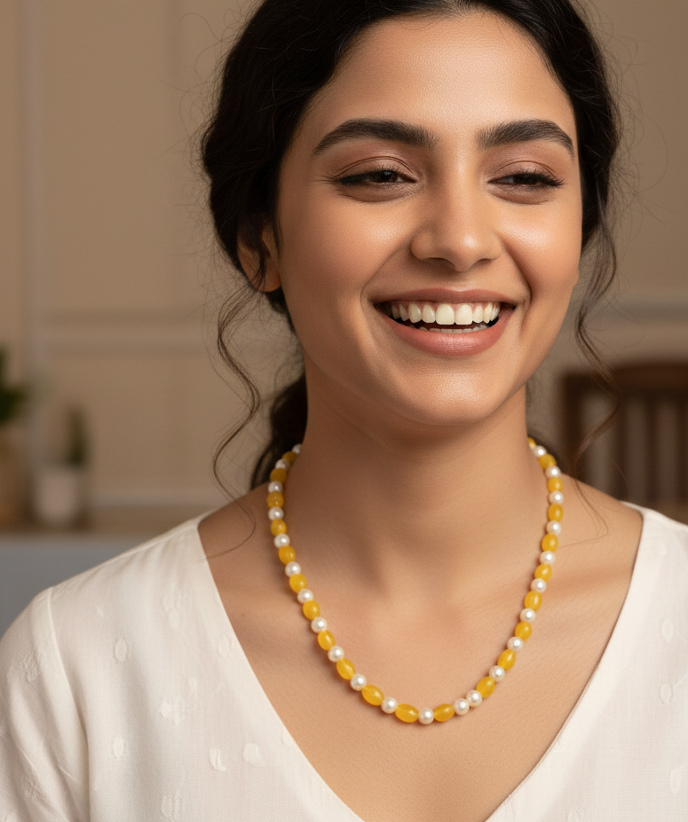 Yellow Pearl Stone Long Mala