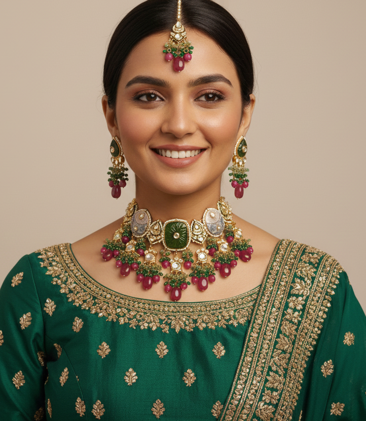 Hot Pink And Green Beaded Traditional Necklace With Earrings And Maang Tikka