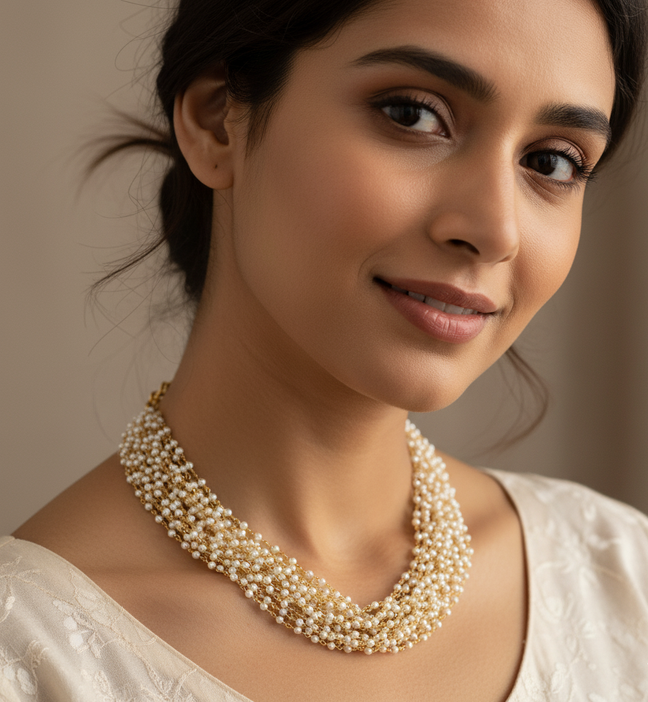 Gold Tone Small Pearl Beaded Necklace