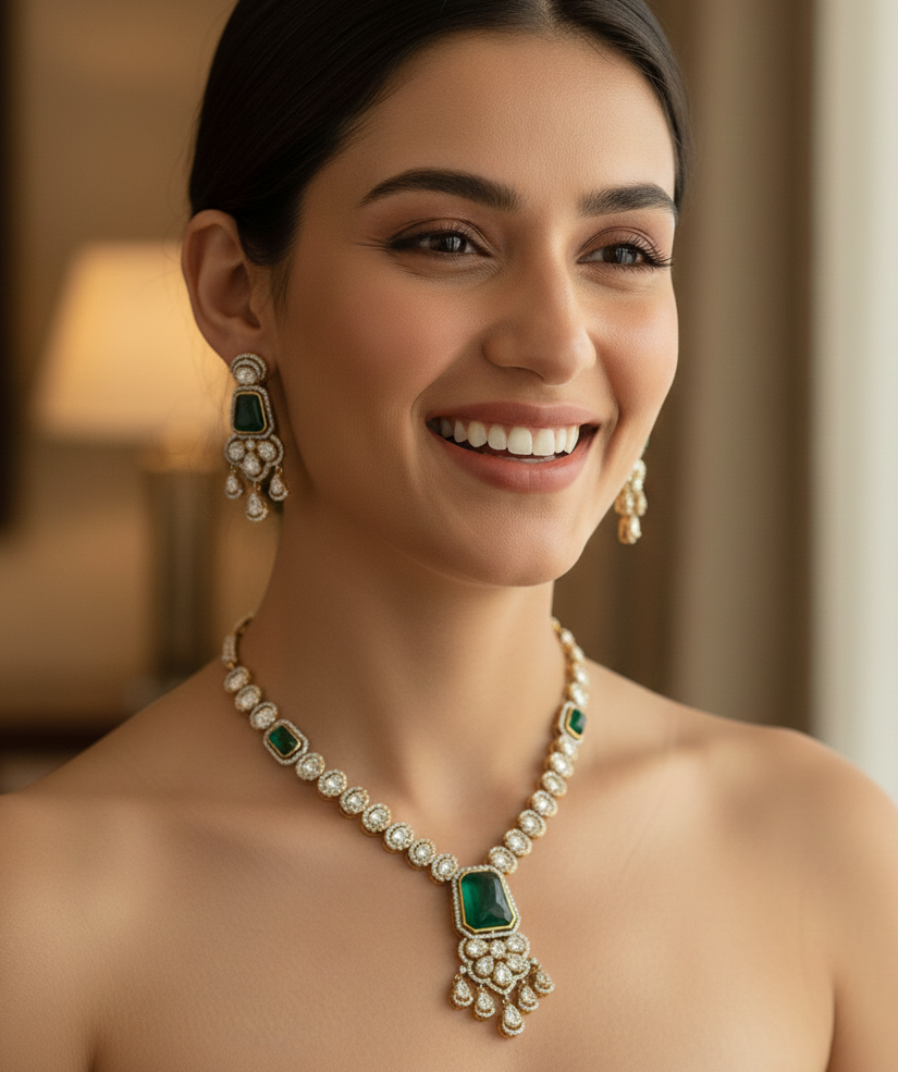 Green Moissanite Kundan Premium Necklace With Earrings