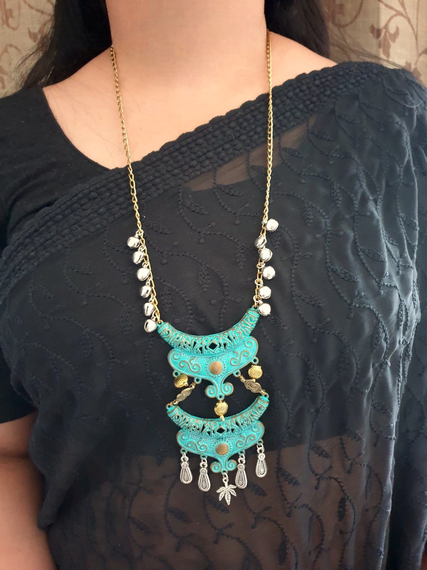 Turquoise Oxidised Long Chain Necklace