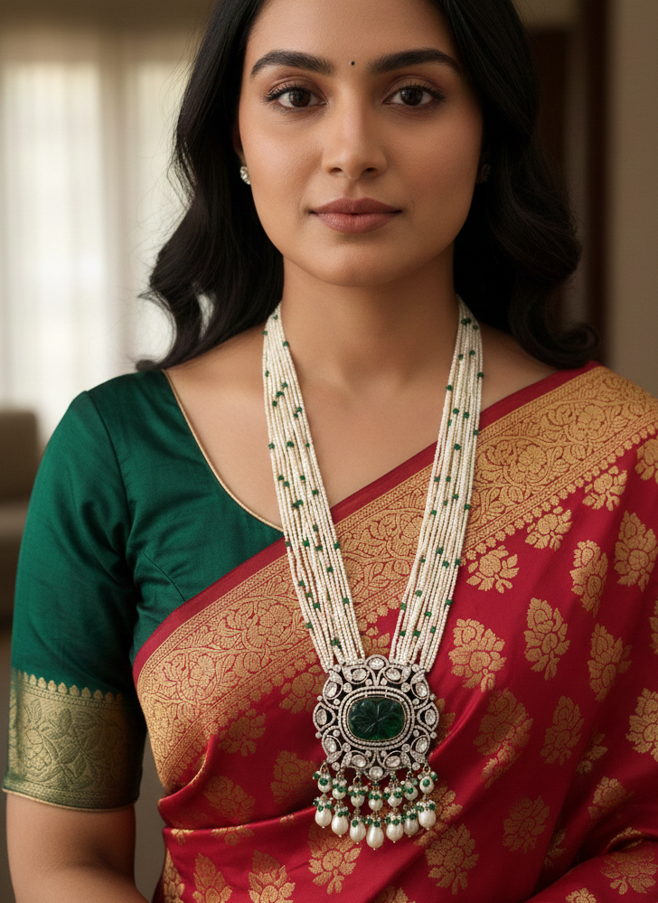 Emerald Stone Kundan Long Pearl Set