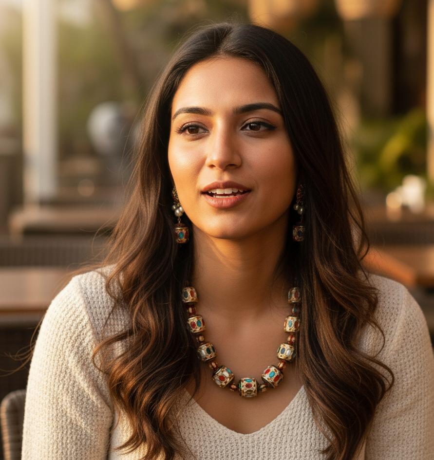 Navratana Jadau Handpainted Beads Necklace With Earrings